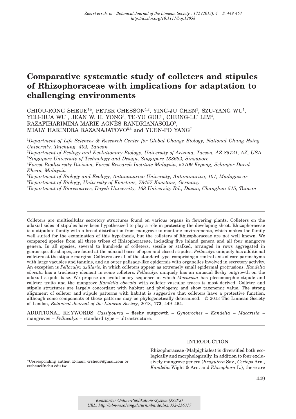 Comparative Systematic Study of Colleters and Stipules of Rhizophoraceae with Implications for Adaptation to Challenging Environments