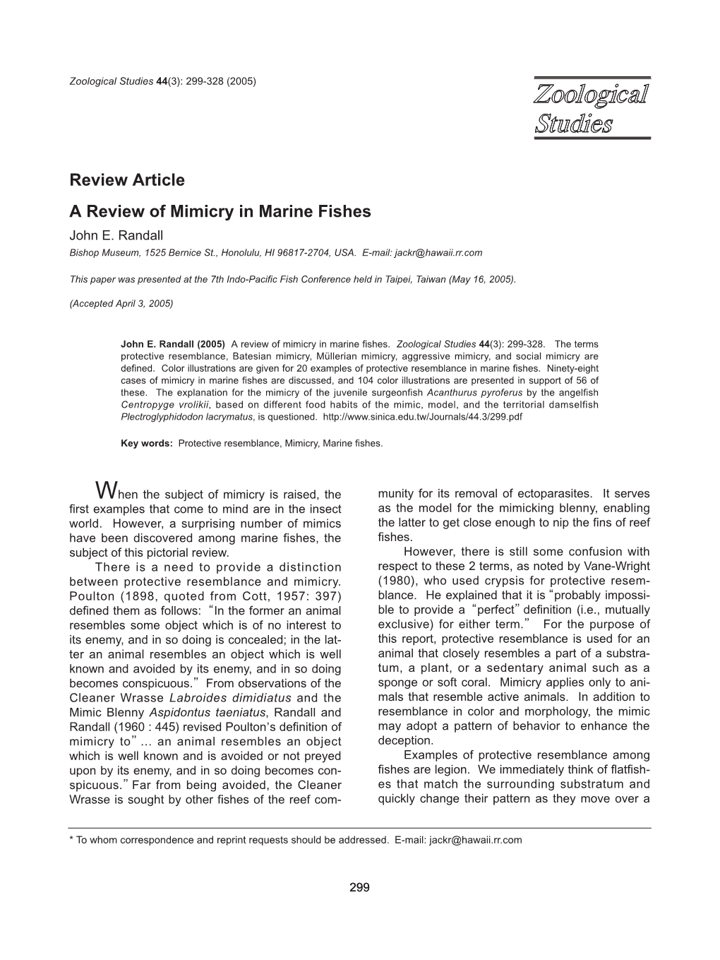 Review Article a Review of Mimicry in Marine Fishes John E