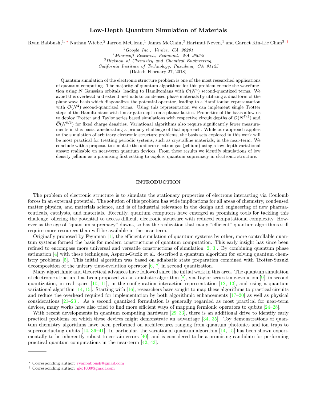 Low-Depth Quantum Simulation of Materials