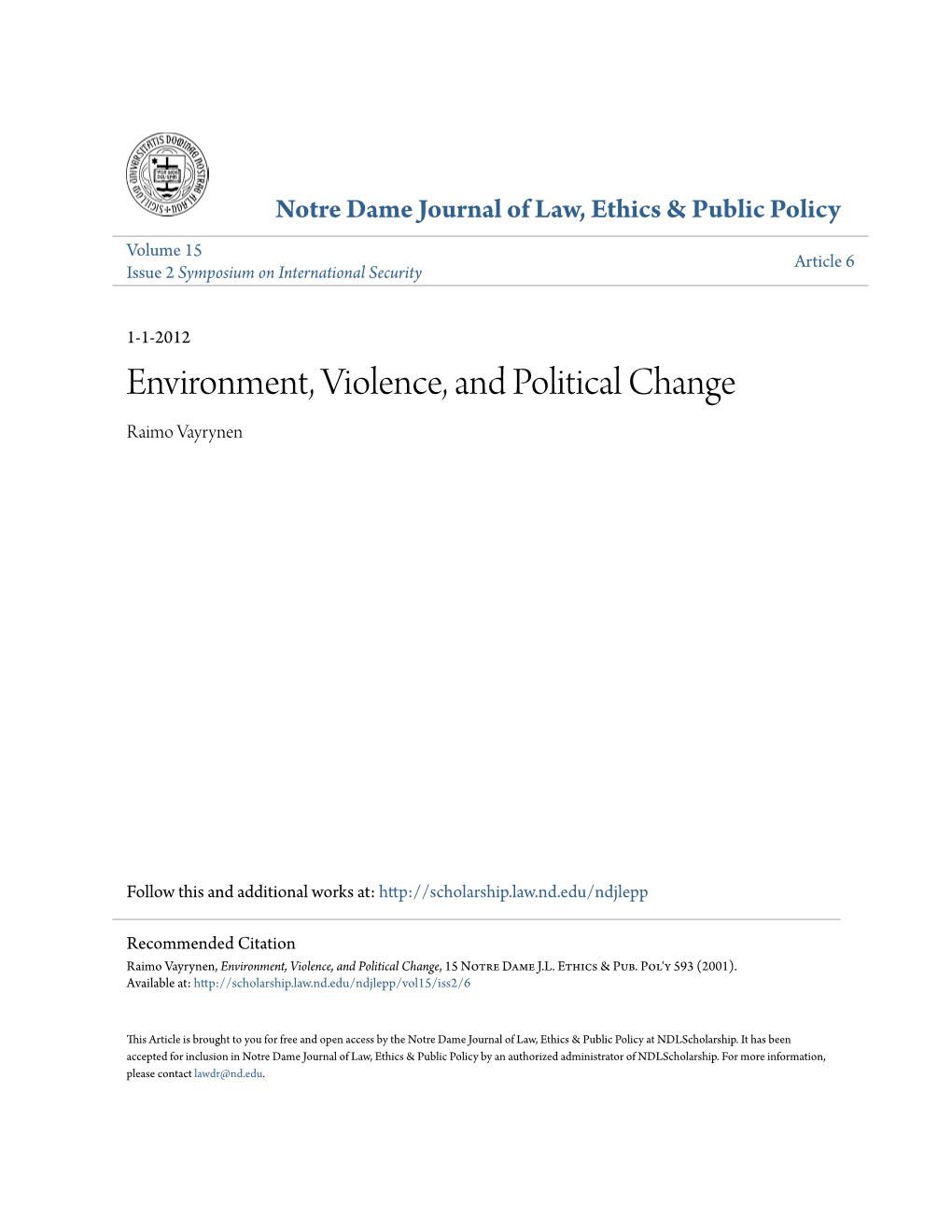 Environment, Violence, and Political Change Raimo Vayrynen