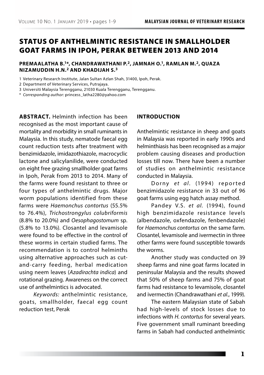 Malaysian Journal of Veterinary Research Volume 10 No. 1 (January 2019)