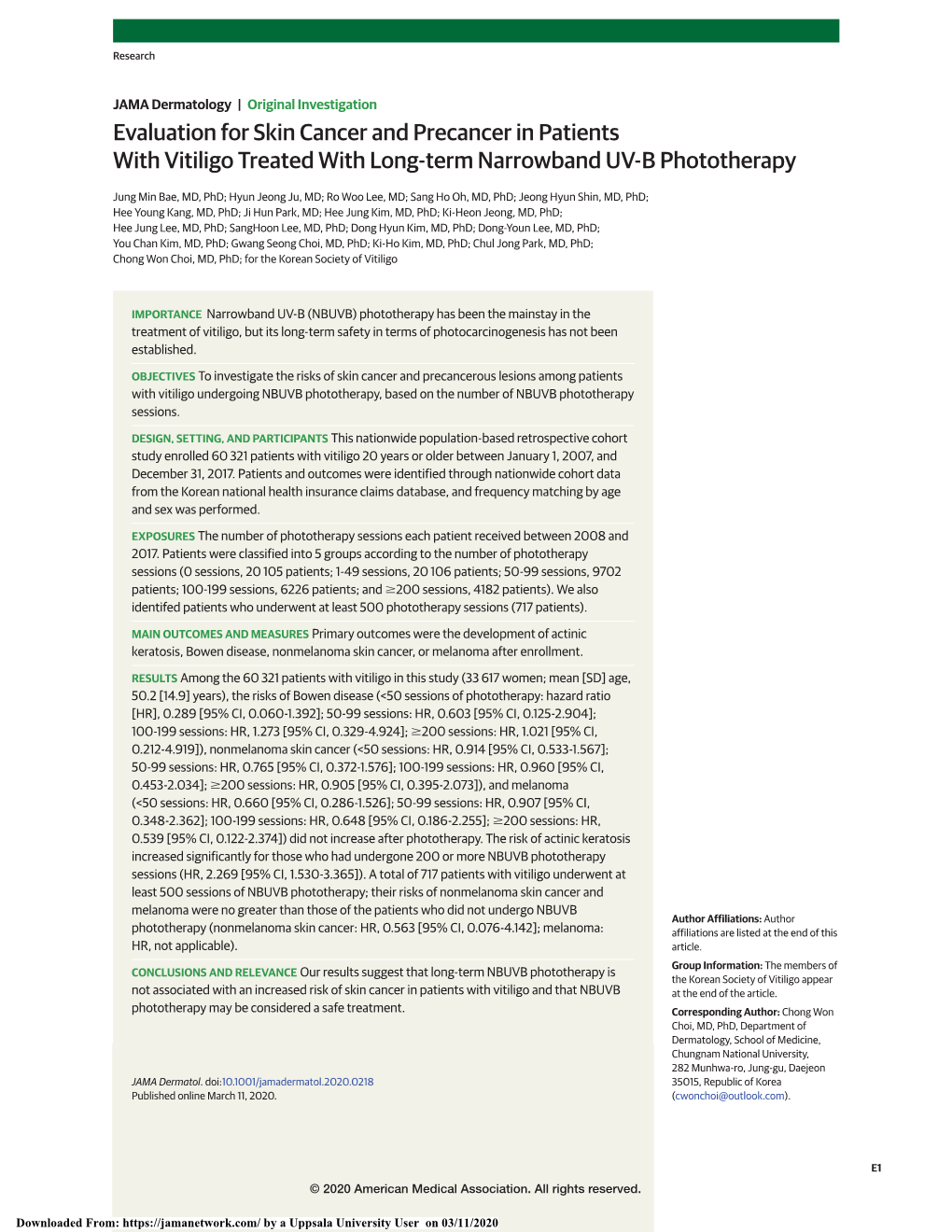 Evaluation for Skin Cancer and Precancer in Patients with Vitiligo Treated with Long-Term Narrowband UV-B Phototherapy