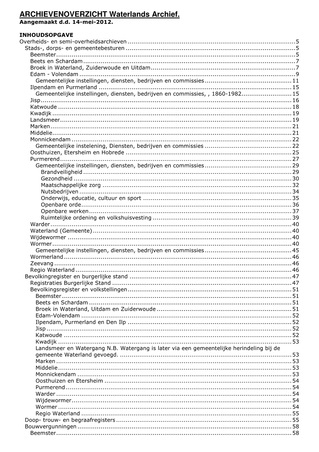 ARCHIEVENOVERZICHT Waterlands Archief. Aangemaakt D.D