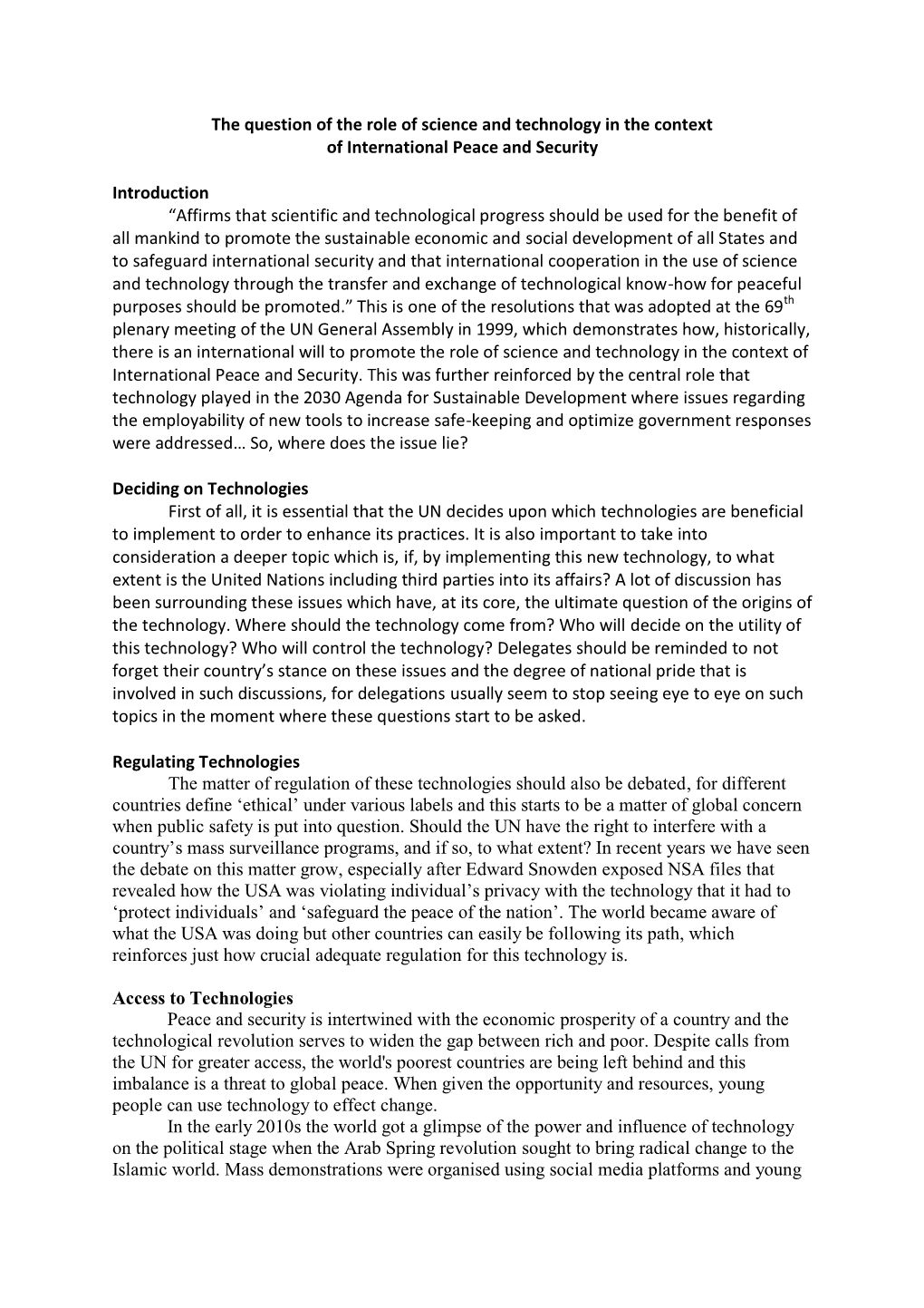 The Question of the Role of Science and Technology in the Context of International Peace and Security