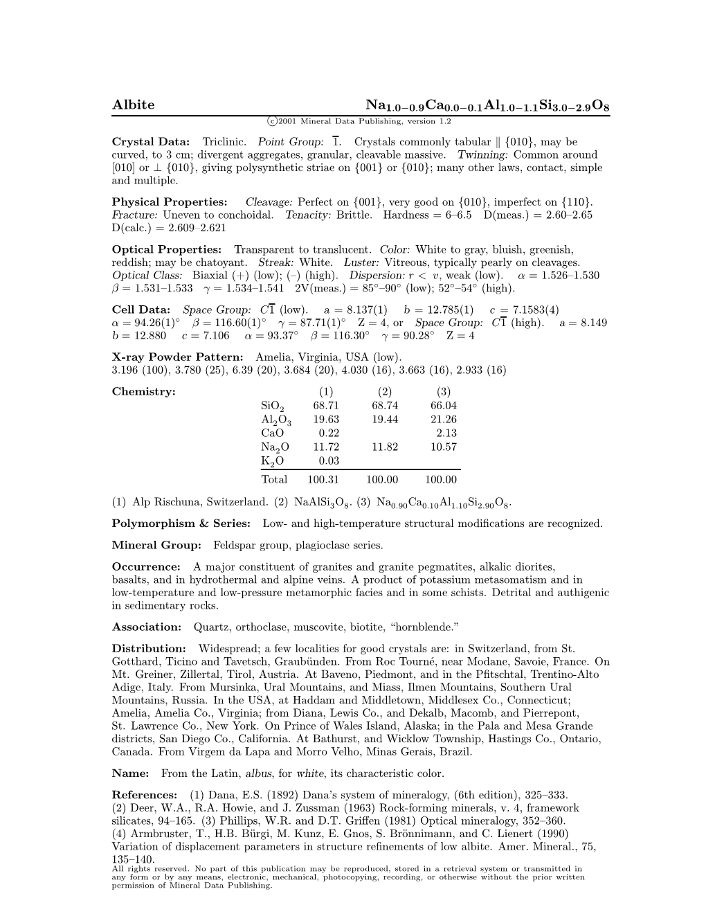 Albite Na1:0 0:9Ca0:0 0:1Al1:0 1:1Si3:0 2:9O8 ¡ ¡ ¡ ¡ C 2001 Mineral Data Publishing, Version 1.2 ° Crystal Data: Triclinic