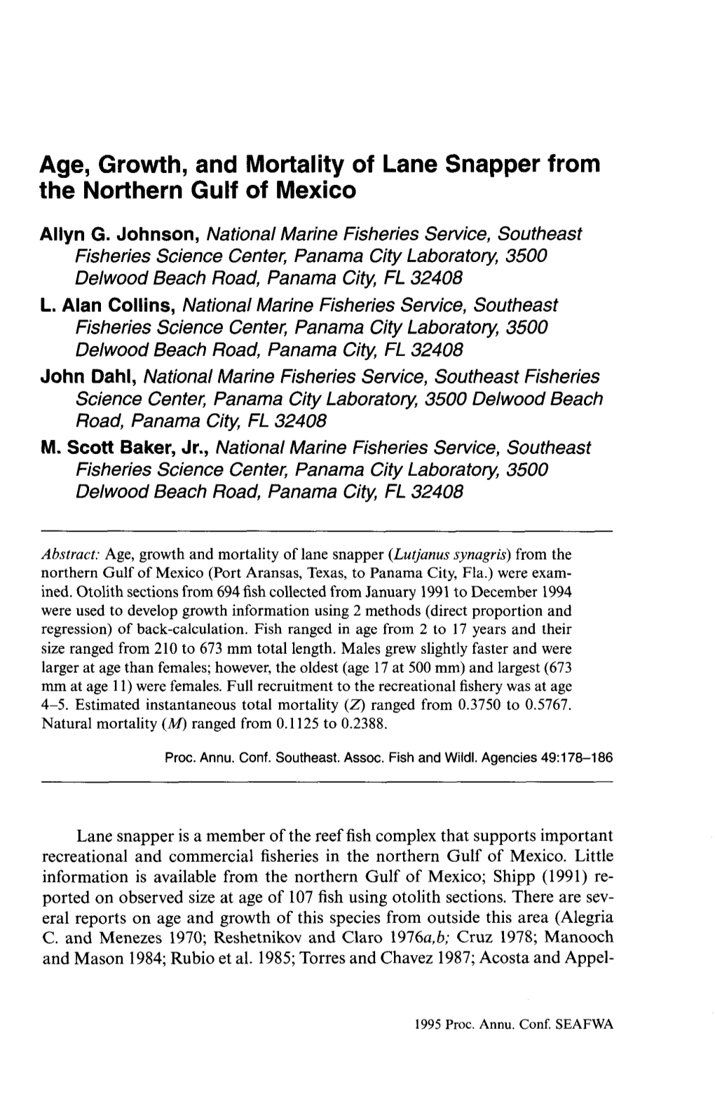 Age, Growth, and Mortality of Lane Snapper from the Northern Gulf of Mexico