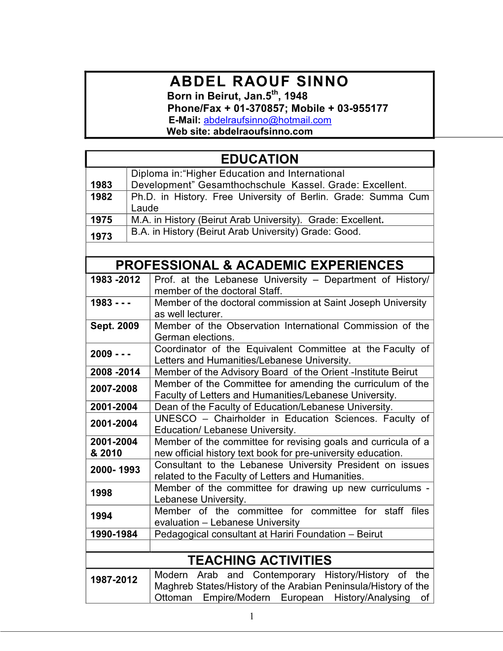 ABDEL RAOUF SINNO Th Born in Beirut, Jan.5 , 1948 Phone/Fax + 01-370857; Mobile + 03-955177 E-Mail: Abdelraufsinno@Hotmail.Com Web Site: Abdelraoufsinno.Com