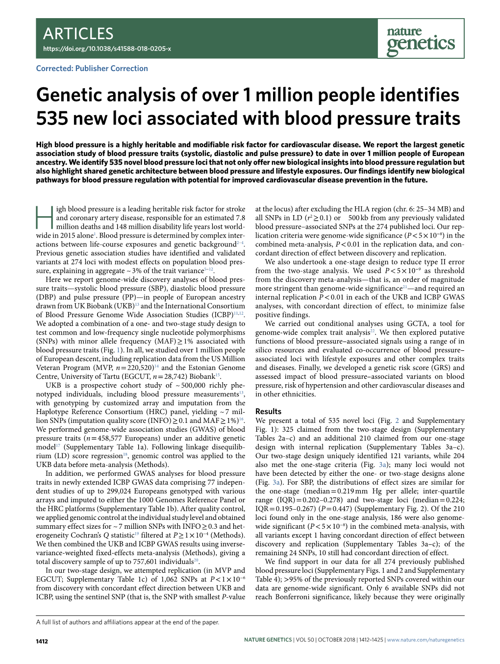 Genetic Analysis of Over 1 Million People Identifies 535 New Loci Associated with Blood Pressure Traits