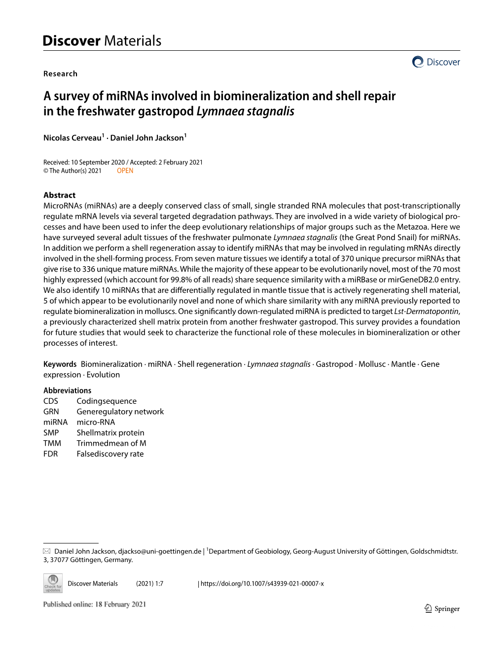 A Survey of Mirnas Involved in Biomineralization and Shell Repair in the Freshwater Gastropod Lymnaea Stagnalis