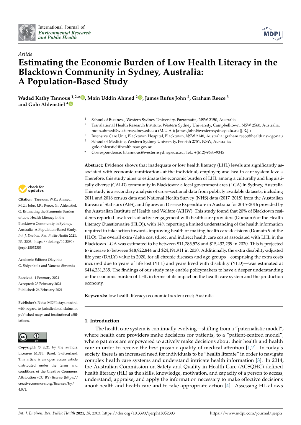 Estimating the Economic Burden of Low Health Literacy in the Blacktown Community in Sydney, Australia: a Population-Based Study