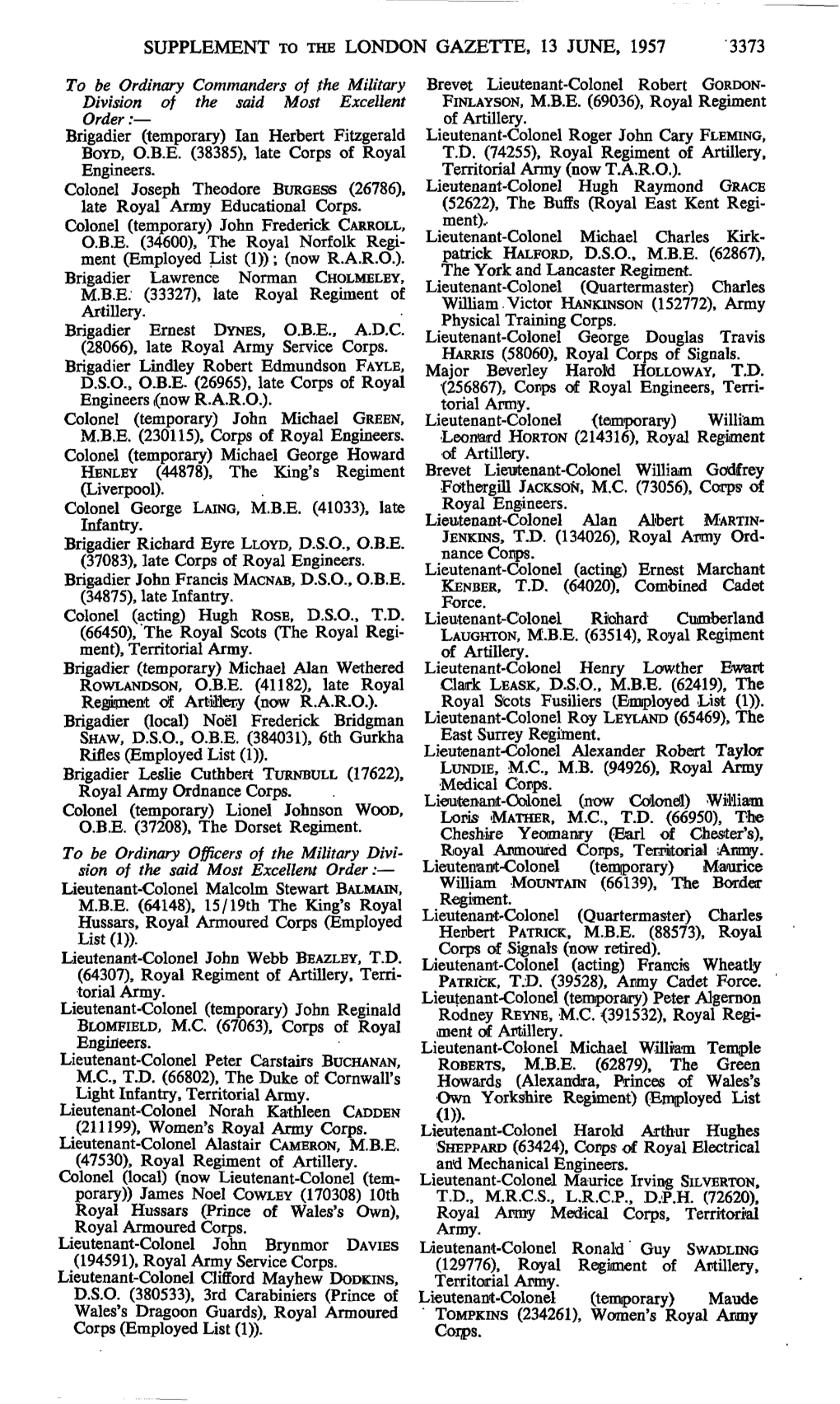 Supplement to the London Gazette, 13 June, 1957 3373