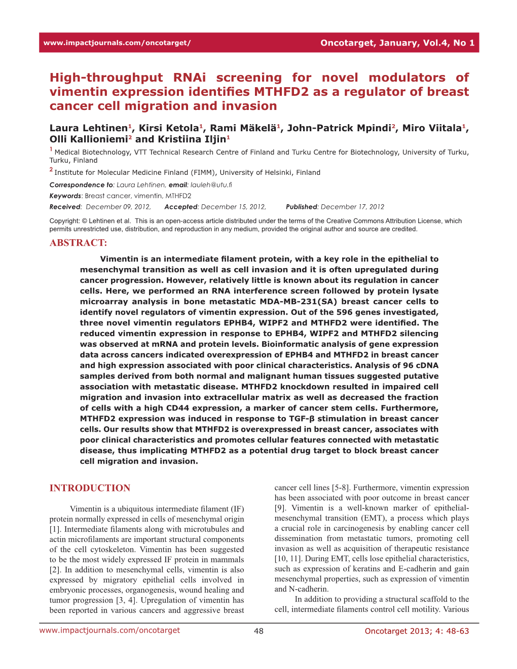 High-Throughput Rnai Screening for Novel Modulators of Vimentin Expression Identifies MTHFD2 As a Regulator of Breast Cancer Cell Migration and Invasion