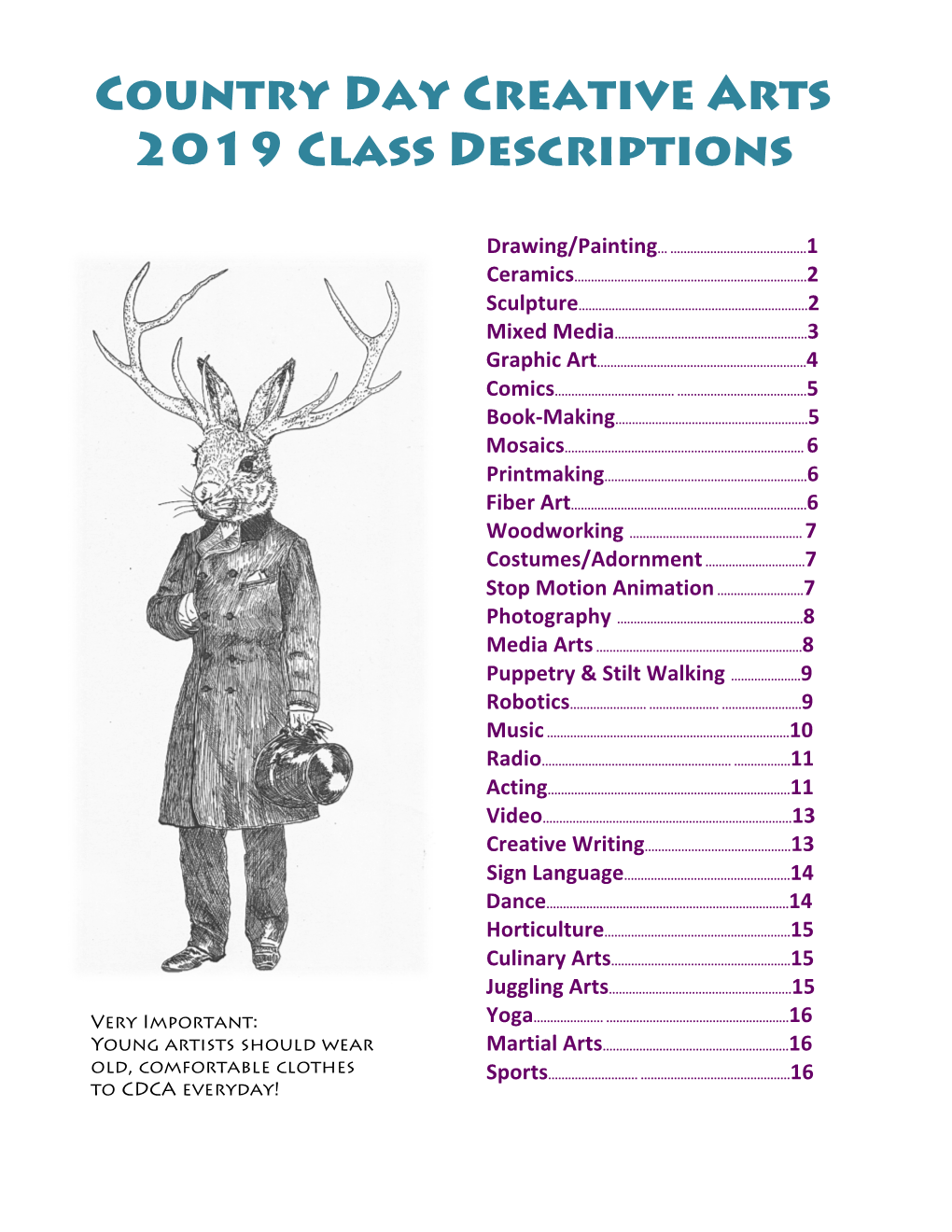 Country Day Creative Arts 2019 Class Descriptions