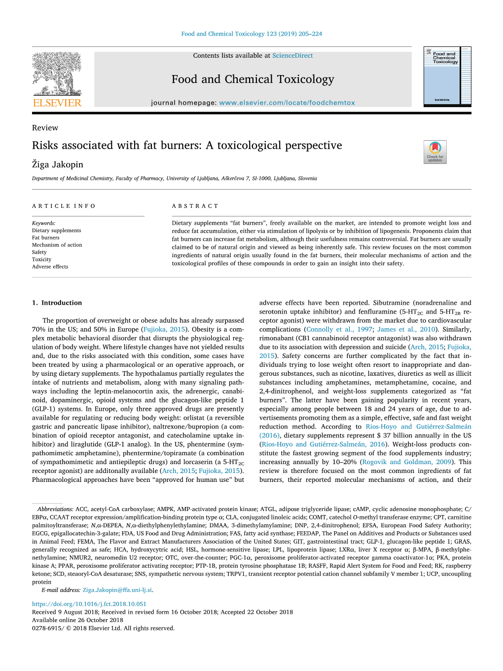 Risks Associated with Fat Burners a Toxicological Perspective