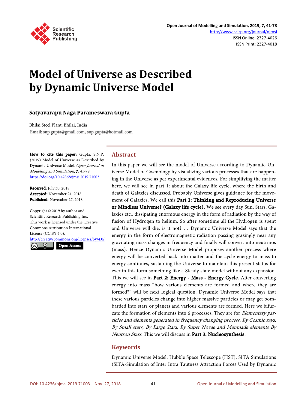 Model of Universe As Described by Dynamic Universe Model