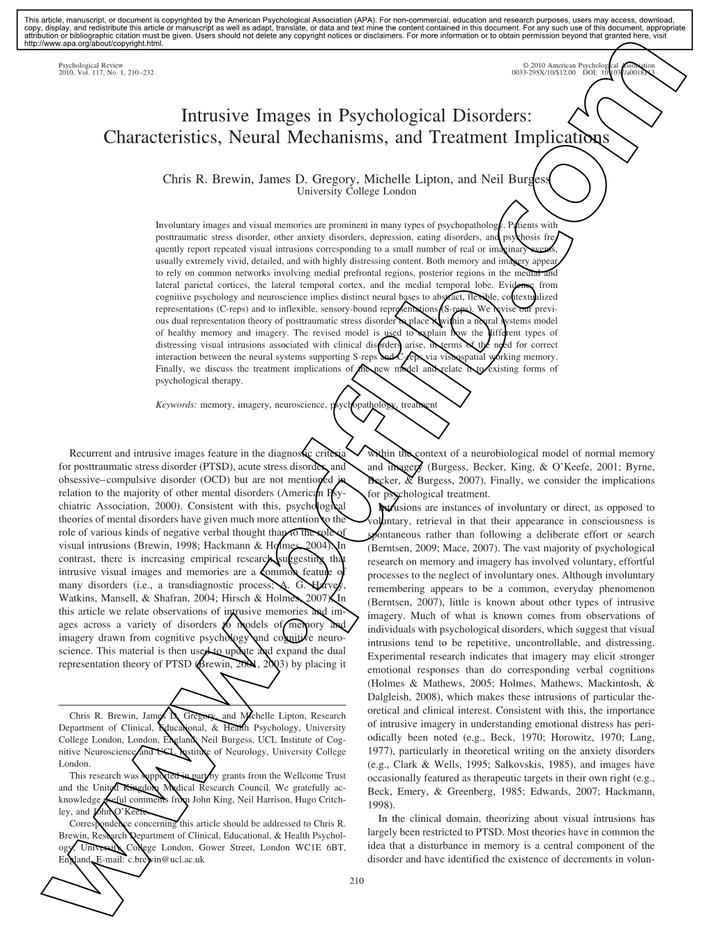 Intrusive Images in Psychological Disorders: Characteristics, Neural Mechanisms, and Treatment Implications