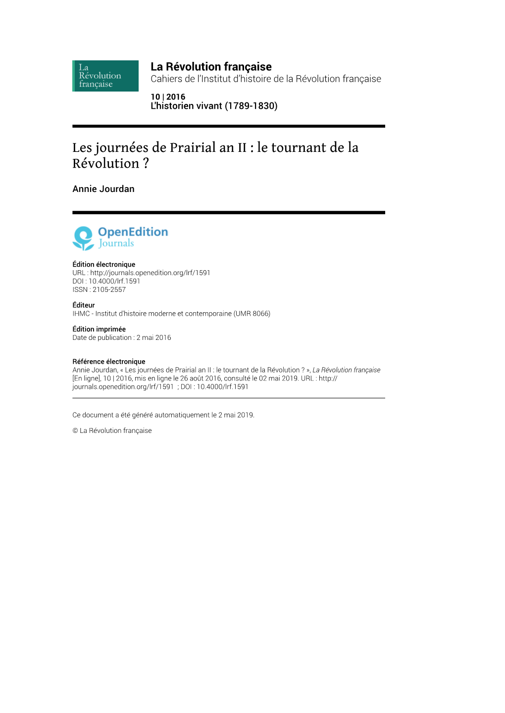 La Révolution Française, 10 | 2016 Les Journées De Prairial an II : Le Tournant De La Révolution ? 2