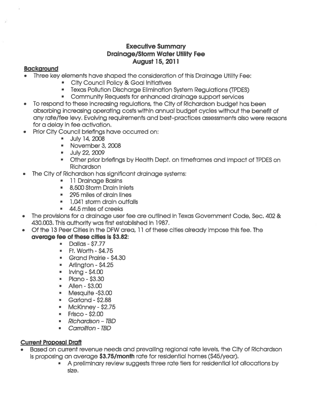 Executive Summary Drainage/Storm Water Utility Fee August 15, 2011