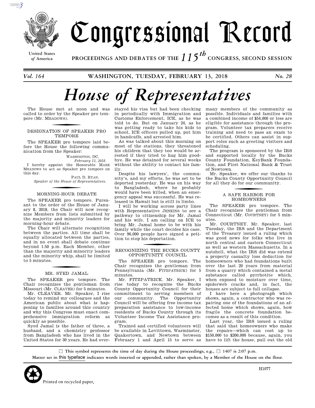 Congressional Record United States Th of America PROCEEDINGS and DEBATES of the 115 CONGRESS, SECOND SESSION