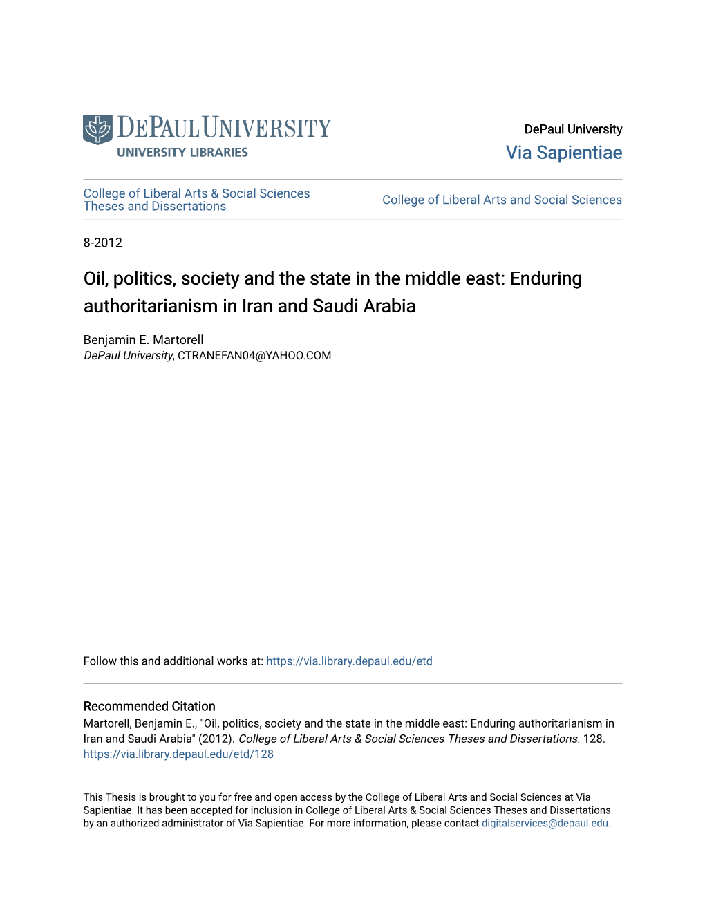 Oil, Politics, Society and the State in the Middle East: Enduring Authoritarianism in Iran and Saudi Arabia