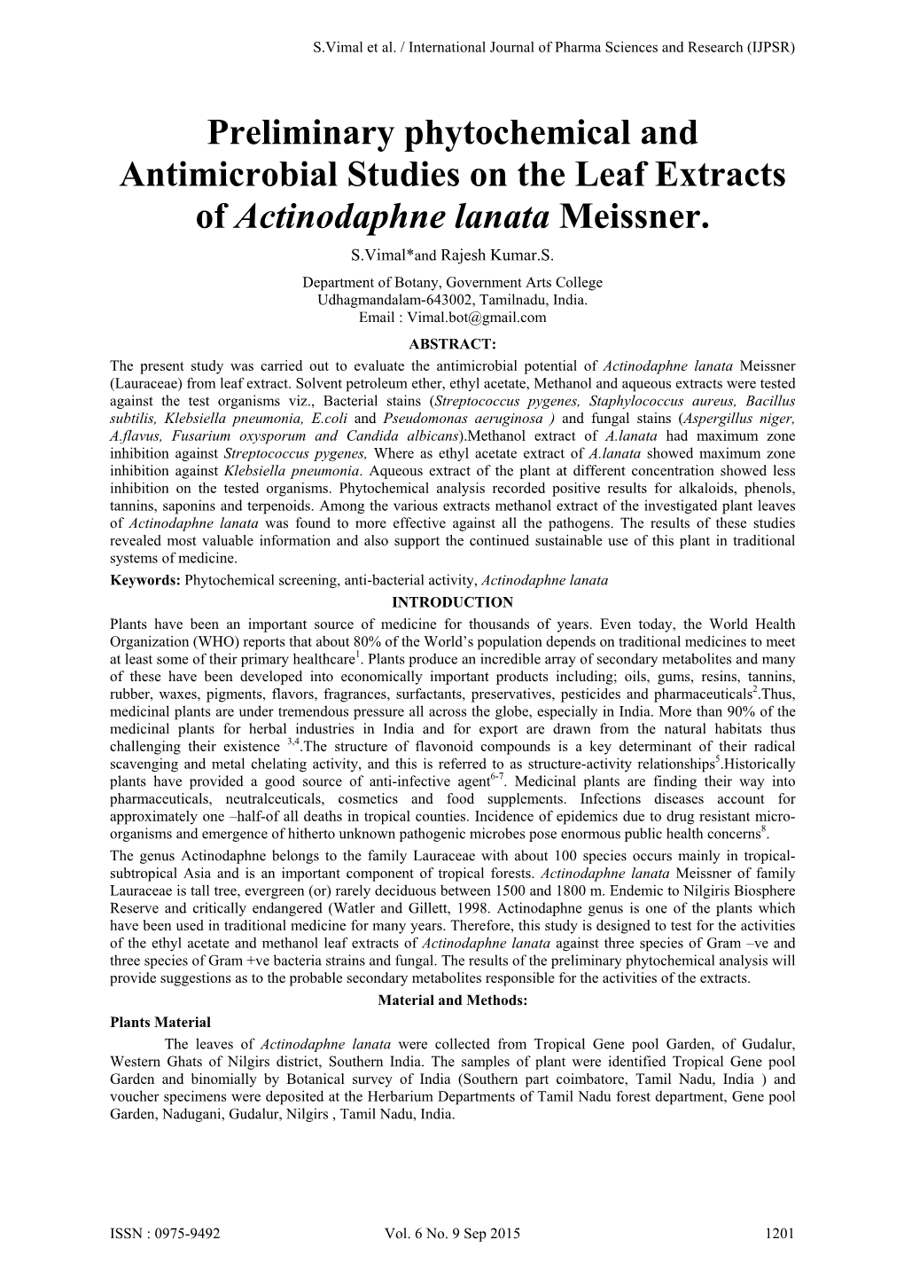 Preliminary Phytochemical and Antimicrobial Studies on the Leaf Extracts of Actinodaphne Lanata Meissner