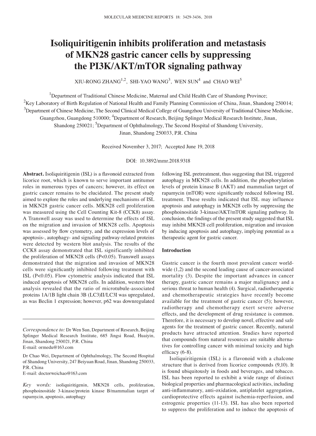 Isoliquiritigenin Inhibits Proliferation and Metastasis of MKN28 Gastric Cancer Cells by Suppressing the PI3K/AKT/Mtor Signaling Pathway