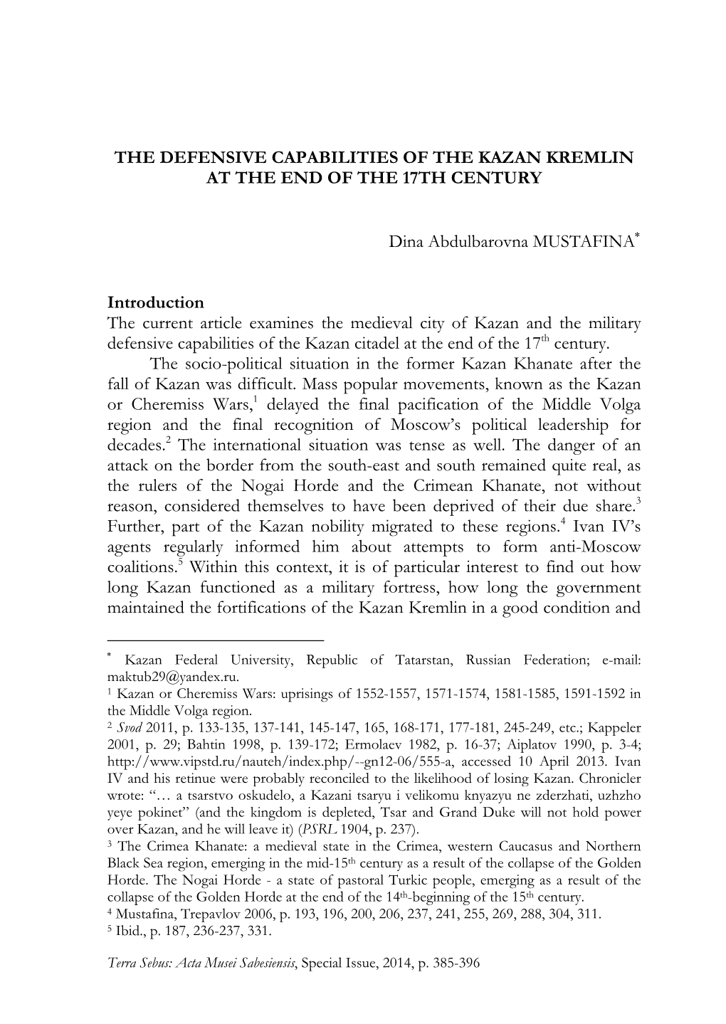 The Defensive Capabilities of the Kazan Kremlin at the End of the 17Th Century