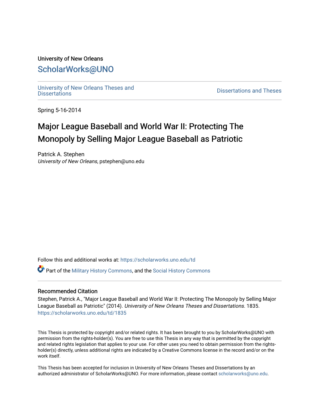 Major League Baseball and World War II: Protecting the Monopoly by Selling Major League Baseball As Patriotic