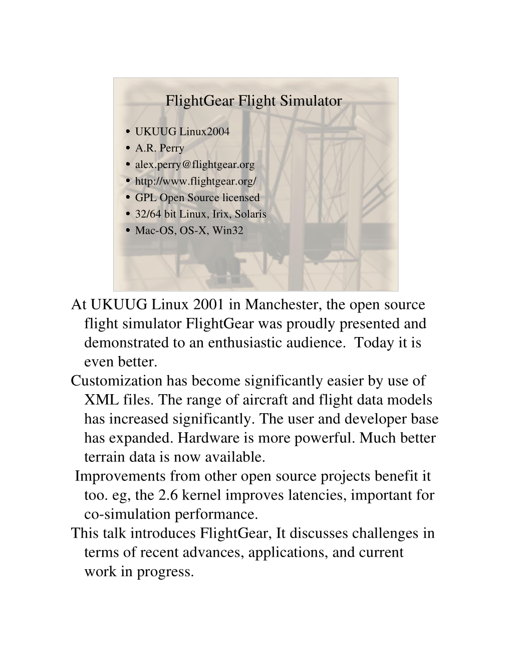Flightgear Flight Simulator at UKUUG Linux 2001 in Manchester, the Open