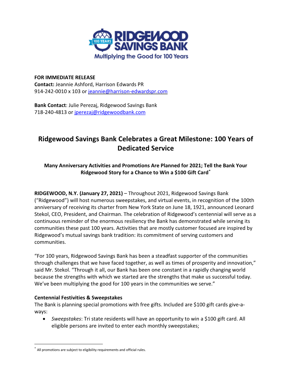 Ridgewood Savings Bank Celebrates a Great Milestone: 100 Years of Dedicated Service
