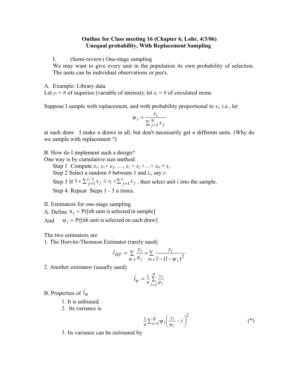 Outline for Class Meeting 7 (Hapter 3, Lohr, 9/20/99)