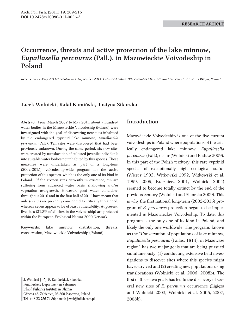 Occurrence, Threats and Active Protection of the Lake Minnow, Eupallasella Percnurus (Pall.), in Mazowieckie Voivodeship in Poland