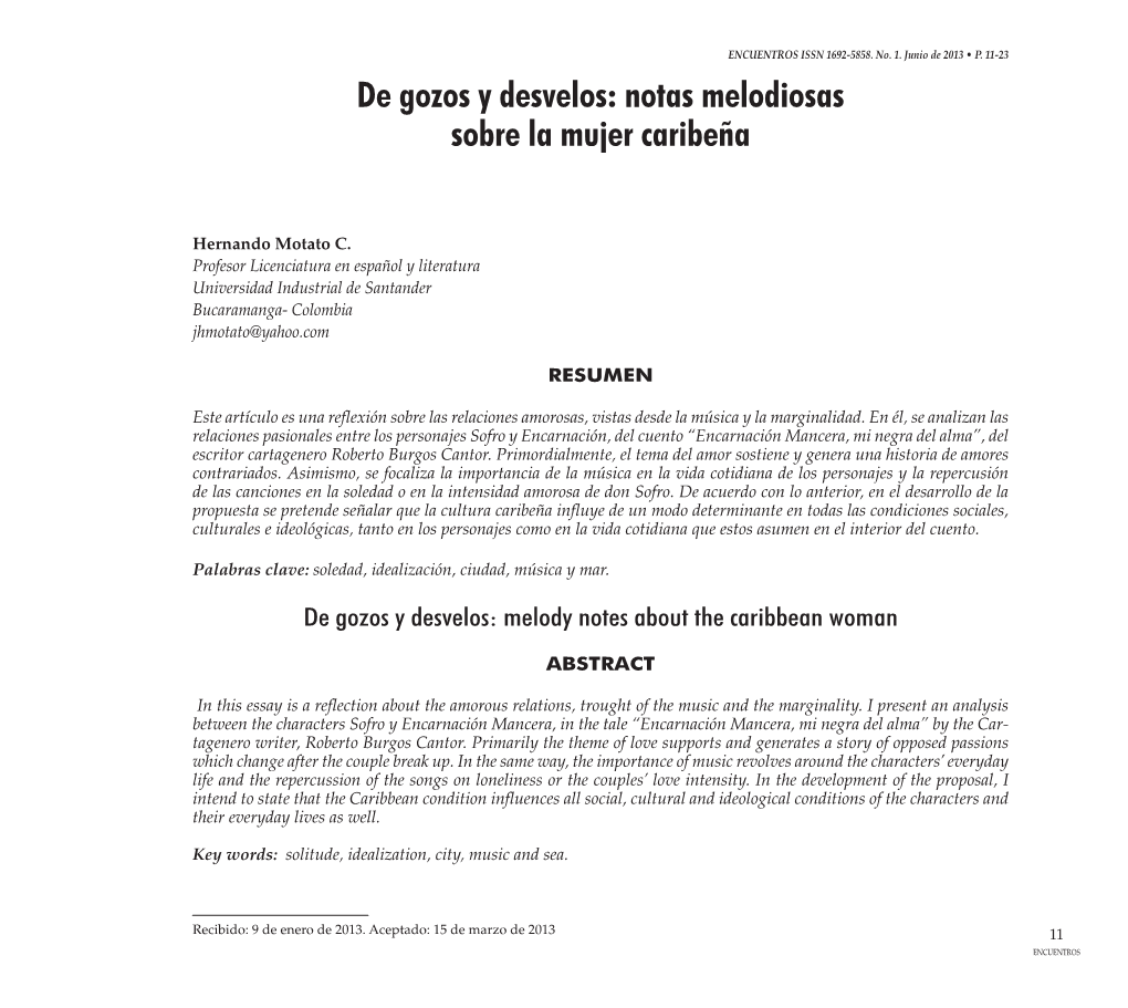 De Gozos Y Desvelos: Notas Melodiosas Sobre La Mujer Caribeña