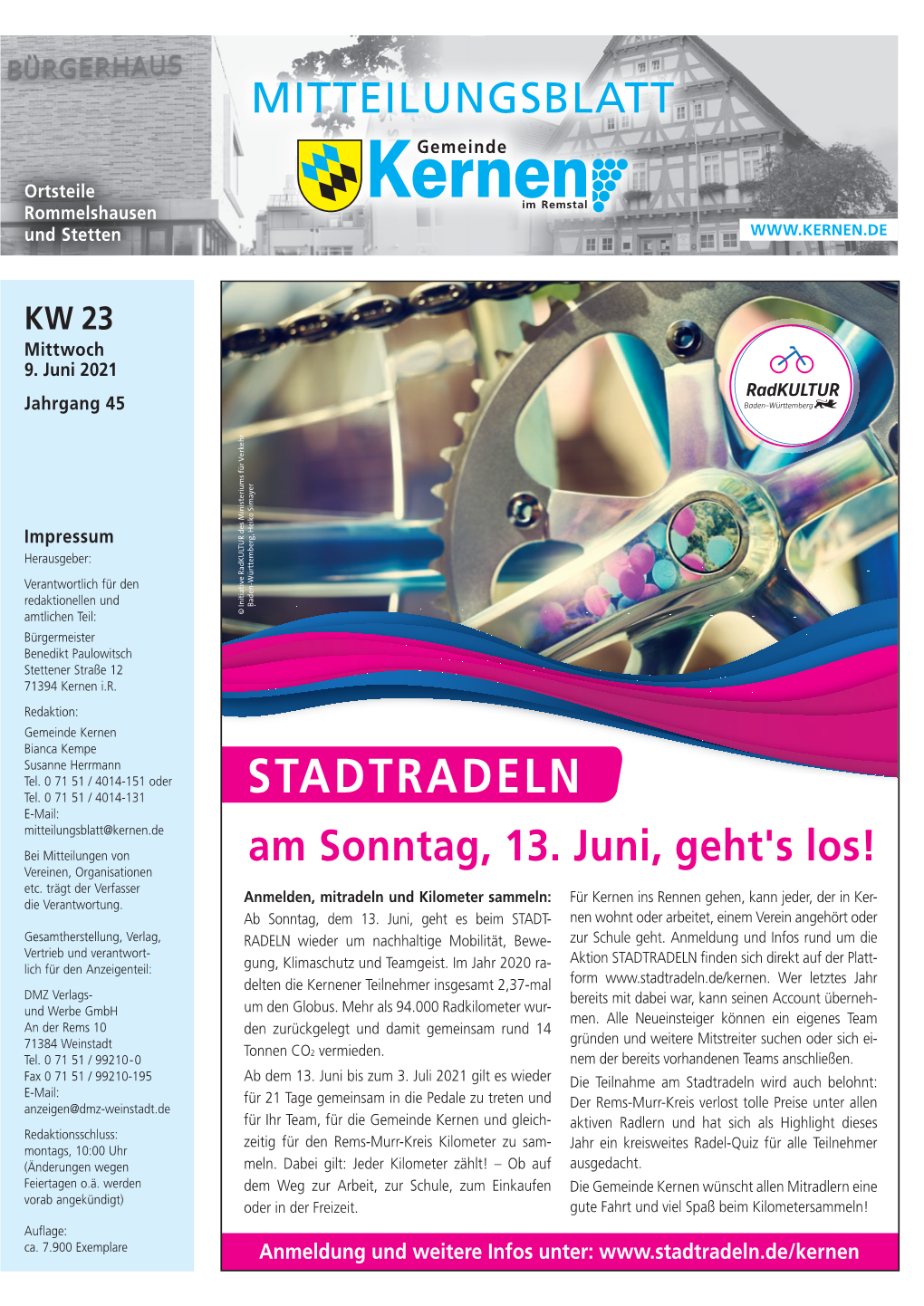 STADTRADELN E-Mail: Mitteilungsblatt@Kernen.De Bei Mitteilungen Von Am Sonntag, 13