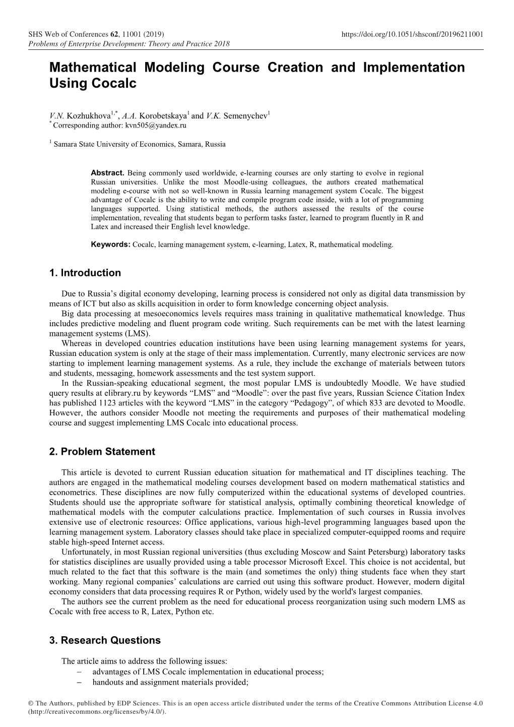 Mathematical Modeling Course Creation and Implementation Using Cocalc