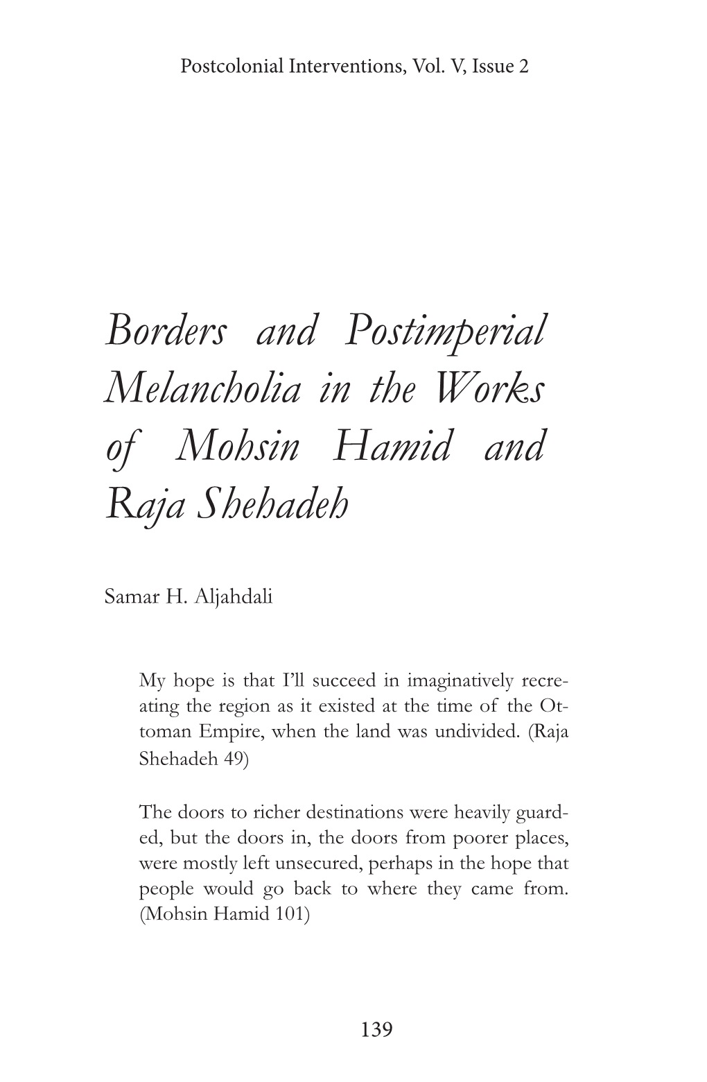 Borders and Postimperial Melancholia in the Works of Mohsin Hamid and Raja Shehadeh