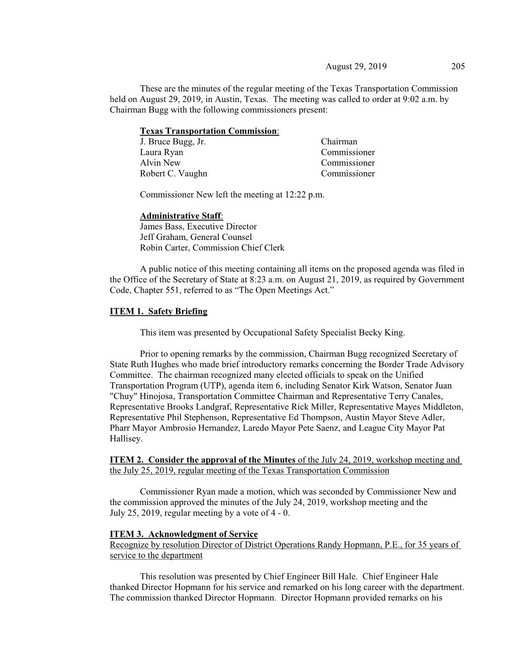 Minutes of the Regular Meeting of the Texas Transportation Commission Held on August 29, 2019, in Austin, Texas