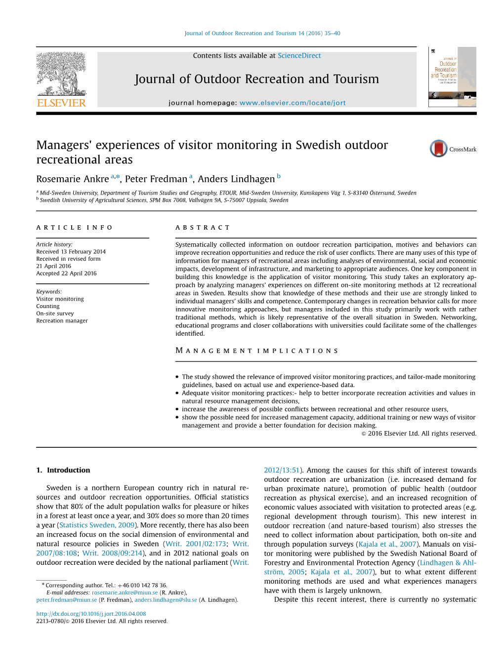 Managers' Experiences of Visitor Monitoring in Swedish Outdoor Recreational Areas