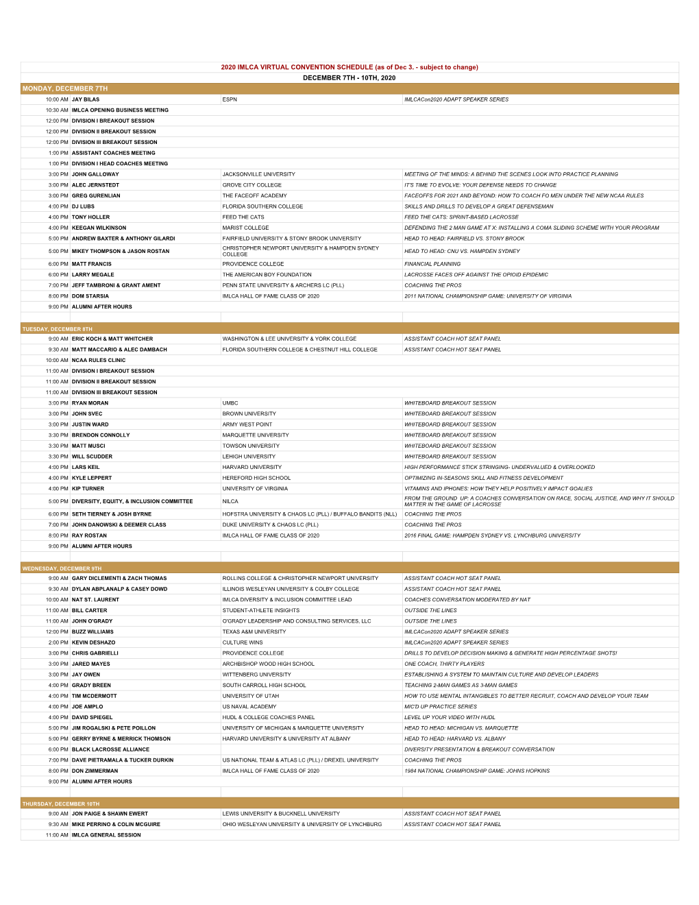 2020 IMLCA VIRTUAL CONVENTION SCHEDULE (As of Dec 3