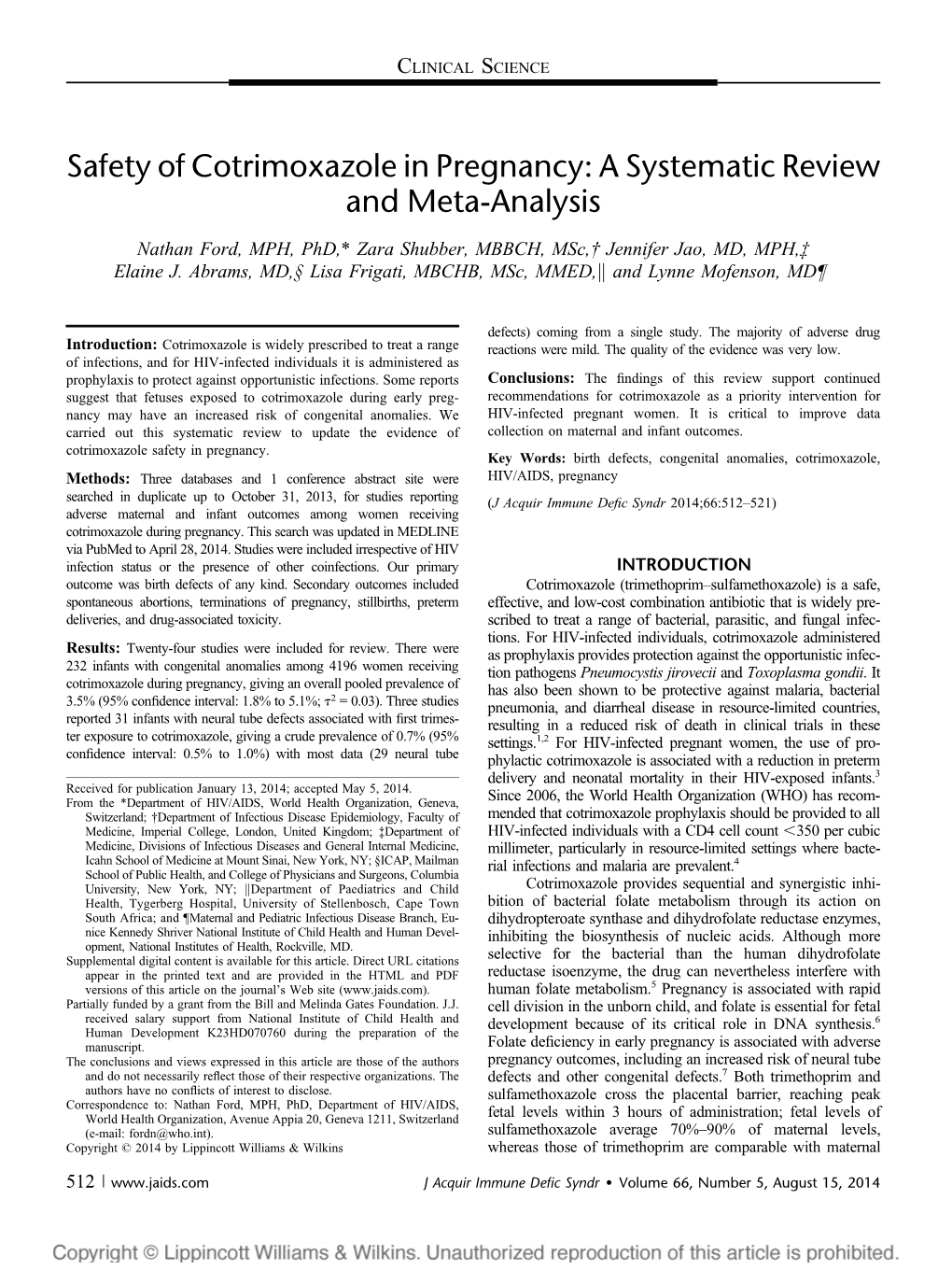 Safety of Cotrimoxazole in Pregnancy: a Systematic Review and Meta-Analysis