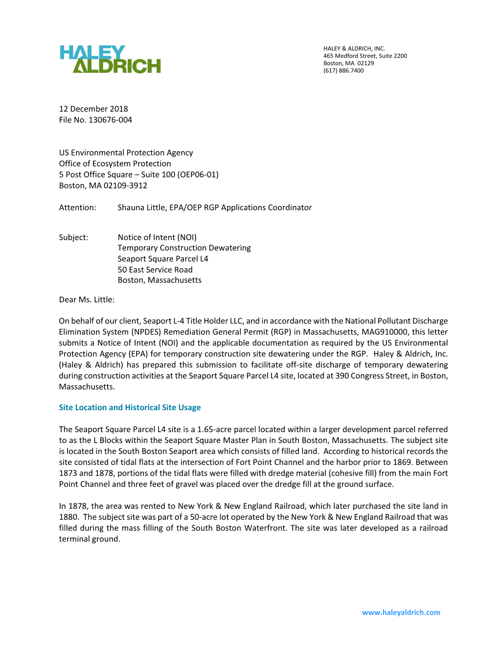 (NOI), Temporary Construction Dewatering, Seaport Square Parcel