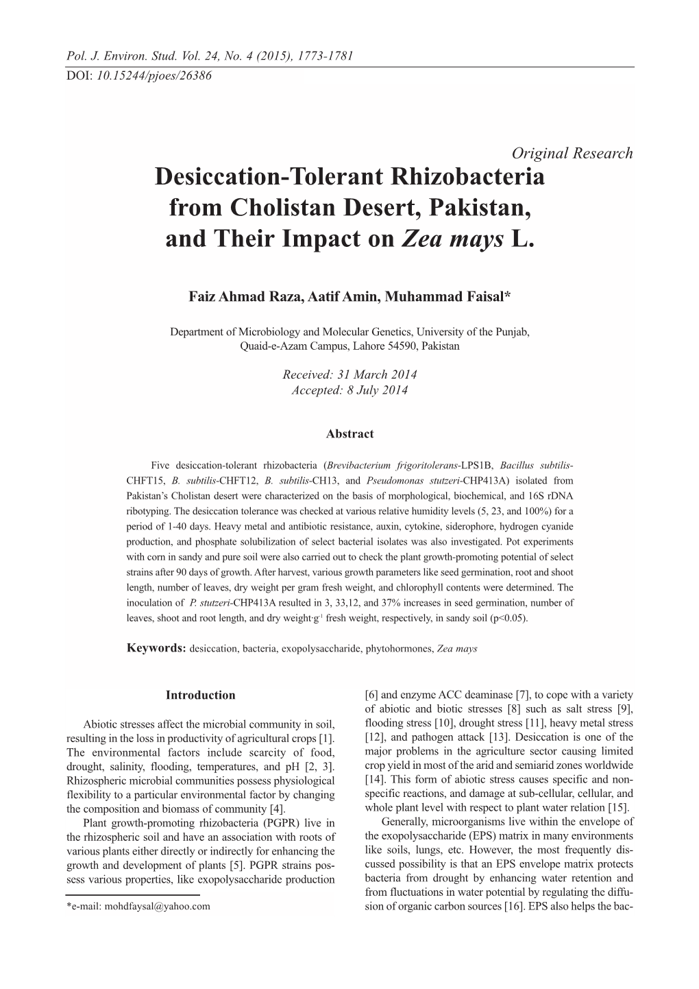 Desiccation-Tolerant Rhizobacteria from Cholistan Desert, Pakistan, and Their Impact on Zea Mays L