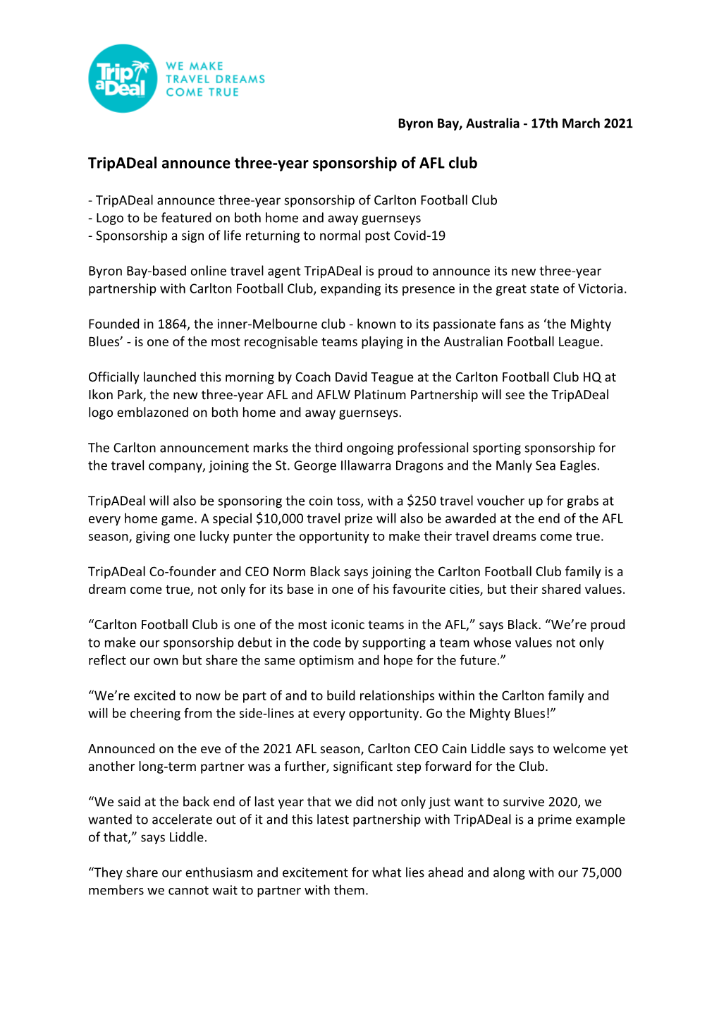 Tripadeal Announce Three-Year Sponsorship of AFL Club