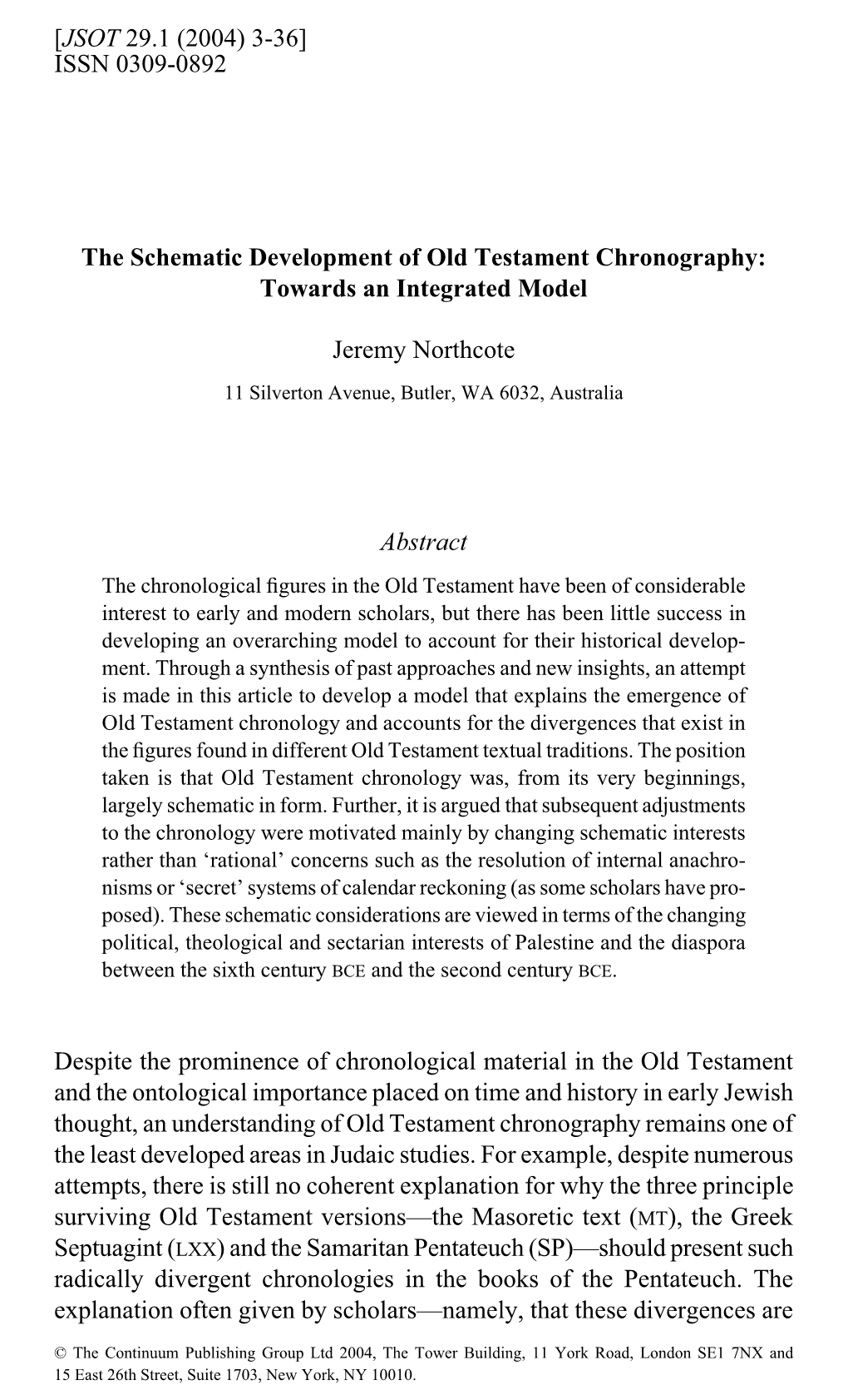 ISSN 0309-0892 the Schematic Development of Old Testament