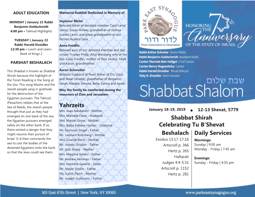 Yahrzeits Daily Services Shabbat Shirah Celebrating Tu B'shevat