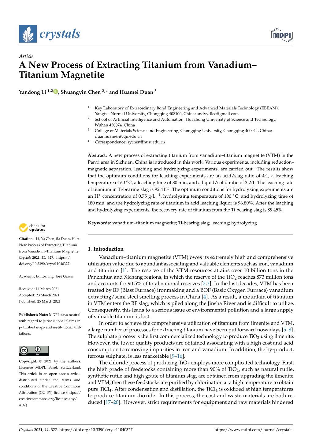 A New Process of Extracting Titanium from Vanadium– Titanium Magnetite