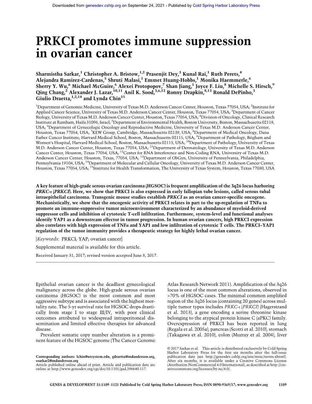 PRKCI Promotes Immune Suppression in Ovarian Cancer