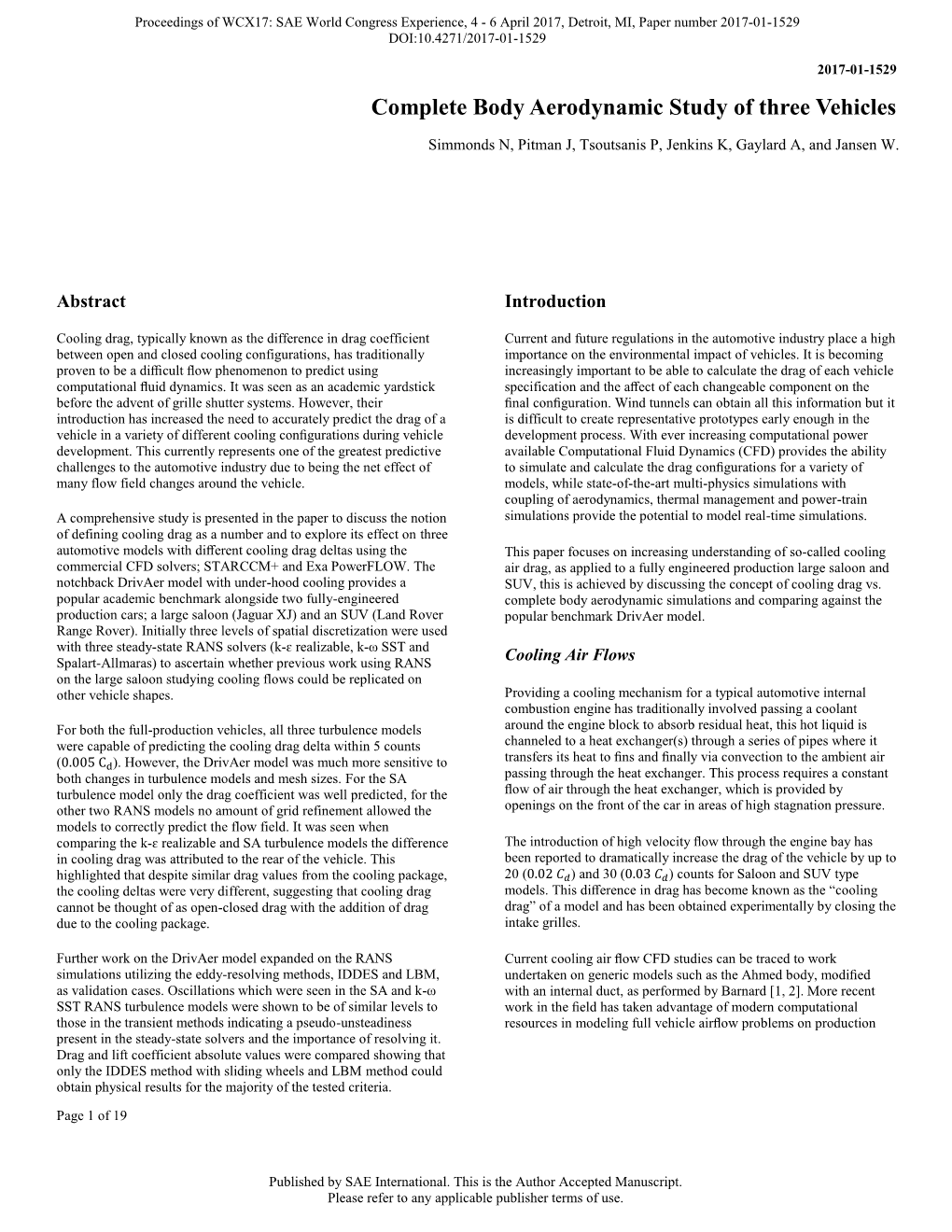 Complete Body Aerodynamic Study of Three Vehicles