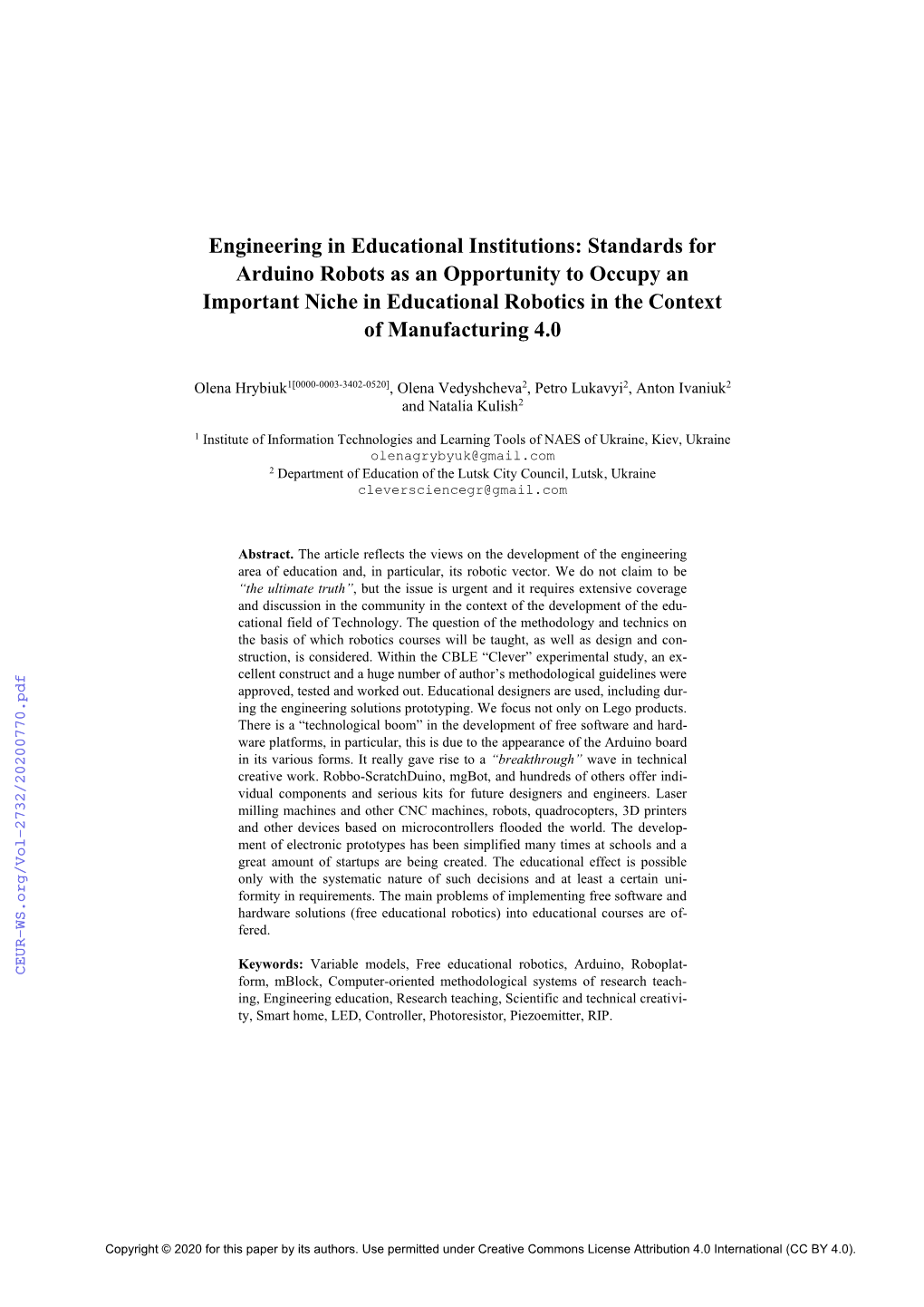 Engineering in Educational Institutions: Standards for Arduino Robots As