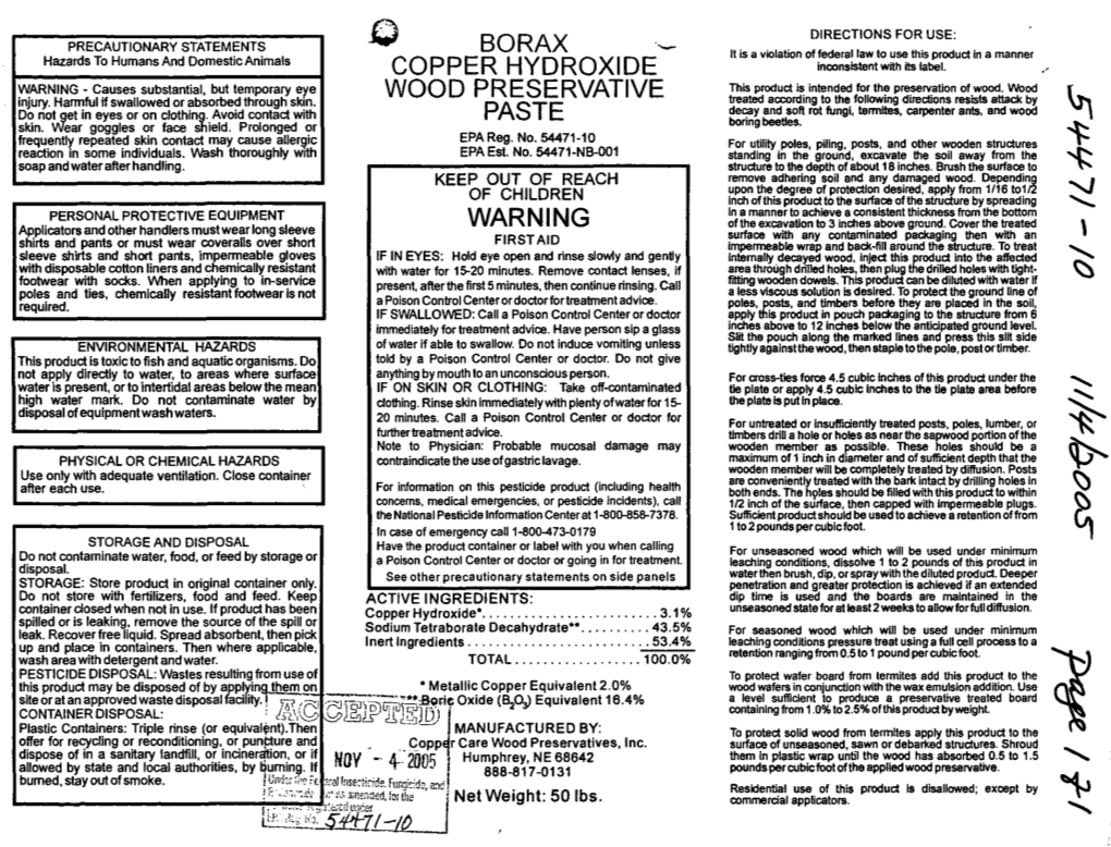 U.S. EPA, Pesticide Product Label, BORAX-COPPER HYDROXIDE WOOD PRESERVATIVE PASTE, 11/04/2005